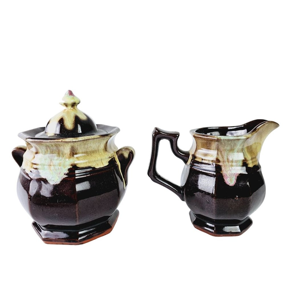 Vtg Van Briggle Glazed Drip Pottery Sugar Bowl & Creamer Set - Picture 3 of 10